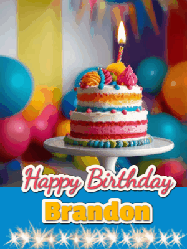 Happy Birthday Brandon GIF: A birthday card gif with a cake and candle and a blue ribbon with animated sparklers. Reads Happy Birthday Name
