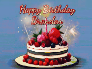 Happy Birthday Brandon GIF: Animated GIF of a birthday cake covered in berries with 2 sparklers and a candle, reads Happy Birthday Name. Customize it.