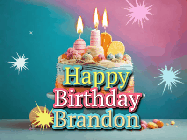 Happy Birthday Brandon GIF: A colorful animated Happy Birthday Cake GIF with swirling sparkles and flickering candles. It reads Happy Birthday Name
