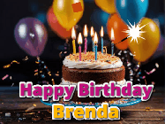 Happy Birthday Brenda GIF: A birthday cake with flickering candles gif with text reading Happy Birthday and a Name slot to customize