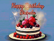 Happy Birthday Brenda GIF: Animated GIF of a birthday cake covered in berries with 2 sparklers and a candle, reads Happy Birthday Name. Customize it.