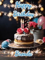 Happy Birthday Brenda GIF: Sparkles and glitter happy birthday gif with a cake and flickering candles and sparklers behind the words happy birthday customize