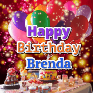 Happy Birthday Brenda GIF: Animated happy birthday gif on a bright red glittery background and 3 lines of text reading Happy Birthday Customize