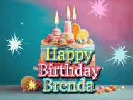 Happy Birthday Brenda GIF: A colorful animated Happy Birthday Cake GIF with swirling sparkles and flickering candles. It reads Happy Birthday Name