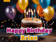 Happy Birthday Brian GIF: A birthday cake with flickering candles gif with text reading Happy Birthday and a Name slot to customize
