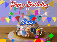 Happy Birthday Brian GIF: Happy Birthday Cake GIF with a cat, lamb, and squirrel on the cake with flickering candles, a sparkler, and falling confetti. Reads Happy Birthday Name and you can customize the name