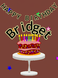 Happy Birthday Bridget GIF: Animated birthday gif of a chocolate cartoon cake and stars. Animated text can be customized with name.