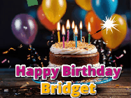 Happy Birthday Bridget GIF: A birthday cake with flickering candles gif with text reading Happy Birthday and a Name slot to customize