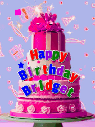 Happy Birthday Bridget GIF: A big beautiful birthday cake gif with falling confetti, sparklers, and balloons, reads Happy Birthday Name. Customize it.