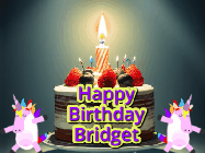 Happy Birthday Bridget GIF: An animated gif with 2 unicorns and a birthday candle on a cake.