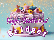 Happy Birthday Bridget GIF: A beautiful birthday cake gif with animated sparkles and glitter Happy Birthday Name you can customize