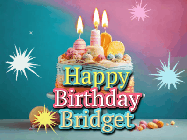 Happy Birthday Bridget GIF: A colorful animated Happy Birthday Cake GIF with swirling sparkles and flickering candles. It reads Happy Birthday Name