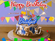 Happy Birthday Bridget GIF: Happy Birthday Cake GIF with a cat, lamb, and squirrel on the cake with flickering candles, a sparkler, and falling confetti. Reads Happy Birthday Name and you can customize the name