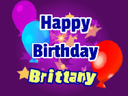 Happy Birthday Brittany GIF: A lovely purple birthday gif animated with moving text, a balloon, and bubbles. Customize it.