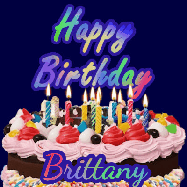 Happy Birthday Brittany GIF: A dark blue birthday gif with a beautiful cake with flickering candles, background sparkles and a name to customize.