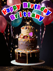 Happy Birthday Brittany GIF: Beautiful birthday cake animated gif, a celebration of balloons, confetti, and sparklers. Customize banner and name.