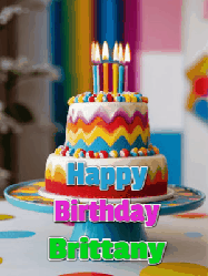 Happy Birthday Brittany GIF: A colourful birthday cake gif with flickering candles a confetti bursting out, reads Happy Birthday Name