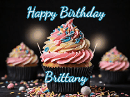 Happy Birthday Brittany GIF: A delicious cupcake gif with animated sparkles reading Happy Birthday with a name to customize