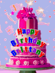 Happy Birthday Brittany GIF: A big beautiful birthday cake gif with falling confetti, sparklers, and balloons, reads Happy Birthday Name. Customize it.