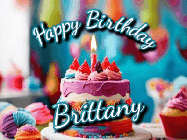 Happy Birthday Brittany GIF: Animated Happy Birthday Gif reading Happy Birthday Customize. Depicts a colorful birthday with flickering candles and glitter.