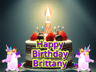 Happy Birthday Brittany GIF: An animated gif with 2 unicorns and a birthday candle on a cake.