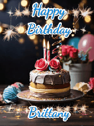 Happy Birthday Brittany GIF: Sparkles and glitter happy birthday gif with a cake and flickering candles and sparklers behind the words happy birthday customize