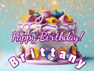 Happy Birthday Brittany GIF: A beautiful birthday cake gif with animated sparkles and glitter Happy Birthday Name you can customize