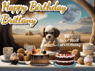 Happy Birthday Brittany GIF: Animated birthday gif with a dog at a fancy birthday table loaded with cakes as hearts appear. It reads Happy Birthday Customize.