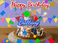 Happy Birthday Brittany GIF: Happy Birthday Cake GIF with a cat, lamb, and squirrel on the cake with flickering candles, a sparkler, and falling confetti. Reads Happy Birthday Name and you can customize the name