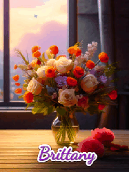 Happy Birthday Brittany GIF: A vase of flowers and animated hearts pop in and out as the words Happy Birthday Name appears that you can customize