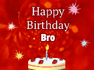 Happy Birthday Bro GIF: A bright red happy birthday gif animated with a cake candle, and glitter and sparkles. Customize with name.