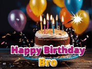 Happy Birthday Bro GIF: A birthday cake with flickering candles gif with text reading Happy Birthday and a Name slot to customize