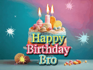 Happy Birthday Bro GIF: A colorful animated Happy Birthday Cake GIF with swirling sparkles and flickering candles. It reads Happy Birthday Name