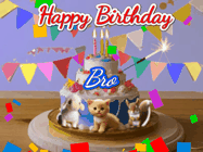 Happy Birthday Bro GIF: Happy Birthday Cake GIF with a cat, lamb, and squirrel on the cake with flickering candles, a sparkler, and falling confetti. Reads Happy Birthday Name and you can customize the name