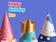 Happy Birthday Bro GIF: Animated happy birthday gif with showing 3 party hats and confetti bursting over them.