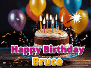 Happy Birthday Bruce GIF: A birthday cake with flickering candles gif with text reading Happy Birthday and a Name slot to customize
