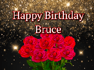 Happy Birthday Bruce GIF: A beautiful birthday gif with a bouquet of flowers and animated hearts on a black and glitter background.