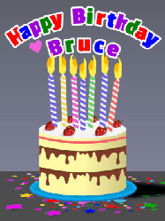 Happy Birthday Bruce GIF: Cartoon style animated birthday cake gif with flickering candles, balloons, and stars. Customize the name banner.