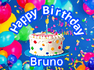 Happy Birthday Bruno GIF: Blue birthday gif with animated confetti, a cake, balloons, and a banner and name you can customize.