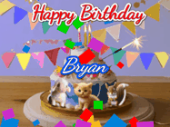 Happy Birthday Bryan GIF: Happy Birthday Cake GIF with a cat, lamb, and squirrel on the cake with flickering candles, a sparkler, and falling confetti. Reads Happy Birthday Name and you can customize the name