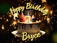 Happy Birthday Bryce GIF: Bursting stars fall past a birthday cake in this animated birthday gif with name you can customize. Dark background.