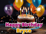 Happy Birthday Bryce GIF: A birthday cake with flickering candles gif with text reading Happy Birthday and a Name slot to customize