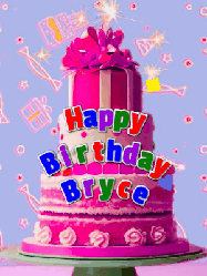 Happy Birthday Bryce GIF: A big beautiful birthday cake gif with falling confetti, sparklers, and balloons, reads Happy Birthday Name. Customize it.