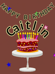 Happy Birthday Caitlin GIF: Animated birthday gif of a chocolate cartoon cake and stars. Animated text can be customized with name.