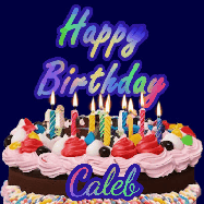 Happy Birthday Caleb GIF: A dark blue birthday gif with a beautiful cake with flickering candles, background sparkles and a name to customize.