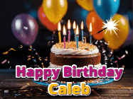 Happy Birthday Caleb GIF: A birthday cake with flickering candles gif with text reading Happy Birthday and a Name slot to customize