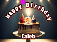 Happy Birthday Caleb GIF: Animated happy birthday gif with a cake and flickering candles with colorful falling confetti and text reading Happy Birthday