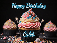 Happy Birthday Caleb GIF: A delicious cupcake gif with animated sparkles reading Happy Birthday with a name to customize