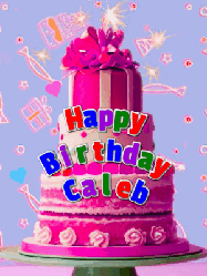 Happy Birthday Caleb GIF: A big beautiful birthday cake gif with falling confetti, sparklers, and balloons, reads Happy Birthday Name. Customize it.