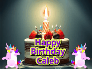 Happy Birthday Caleb GIF: An animated gif with 2 unicorns and a birthday candle on a cake.